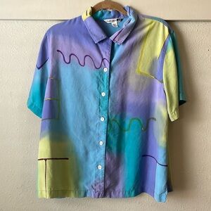 Vintage Studio Blue watercolor style short sleeve button down blouse